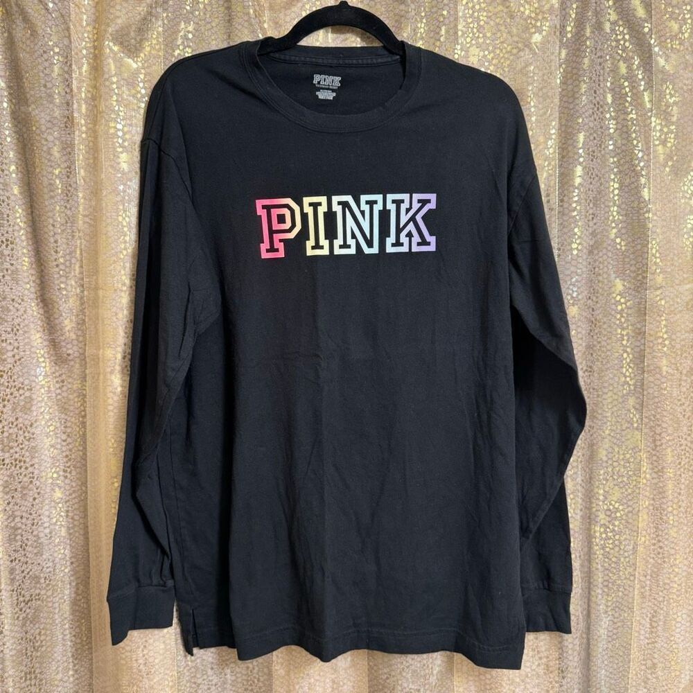 PINK Victorias Secret Black Campus Rainbow Logo Long Sleeve Shirt Medium